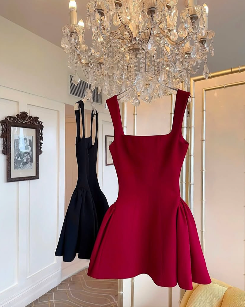 Robe de soirée courte noire à col carré et coupe trapèze, tenue d'été Hoco, mini robe de cocktail DH2472