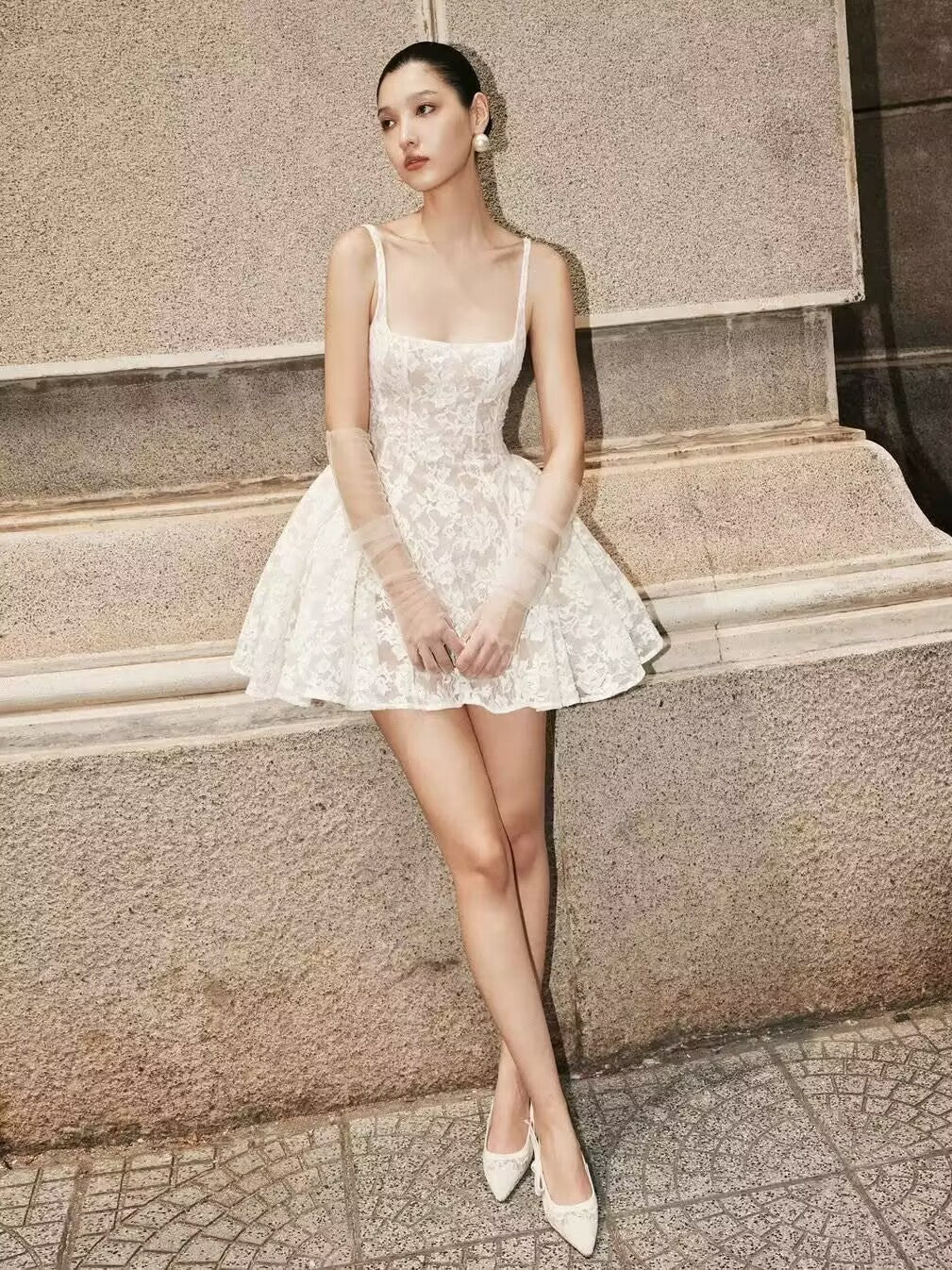Jolie robe de soirée trapèze en dentelle blanche à col carré, tenue courte pour 16e anniversaire, robe de remise de diplôme, mini robe de cocktail DH2473