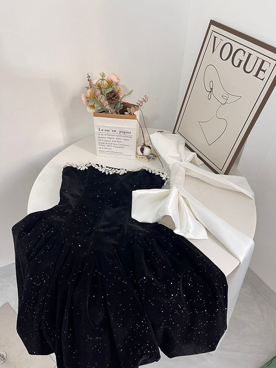 Jolie robe de bal en velours noir, décolleté en cœur, tenue de soirée, de remise de diplôme, de cocktail, courte, DH2477