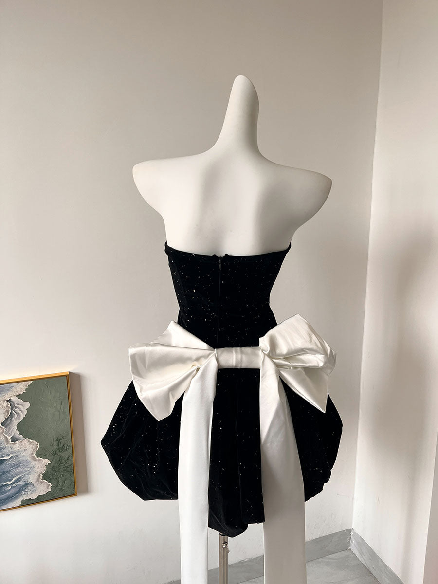 Jolie robe de bal en velours noir, décolleté en cœur, tenue de soirée, de remise de diplôme, de cocktail, courte, DH2477