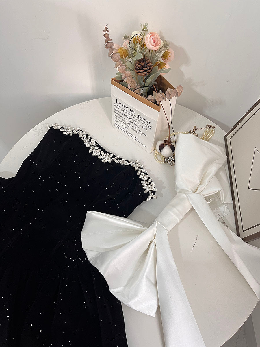 Jolie robe de bal en velours noir, décolleté en cœur, tenue de soirée, de remise de diplôme, de cocktail, courte, DH2477