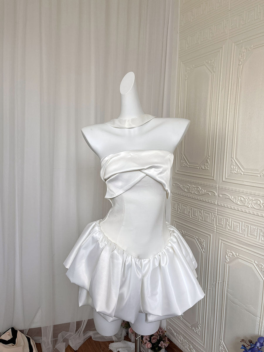 Jolie robe de soirée trapèze bustier en satin blanc, tenue de soirée pour 21e anniversaire, robe de remise de diplôme, robe de cocktail courte et mini, DH2480