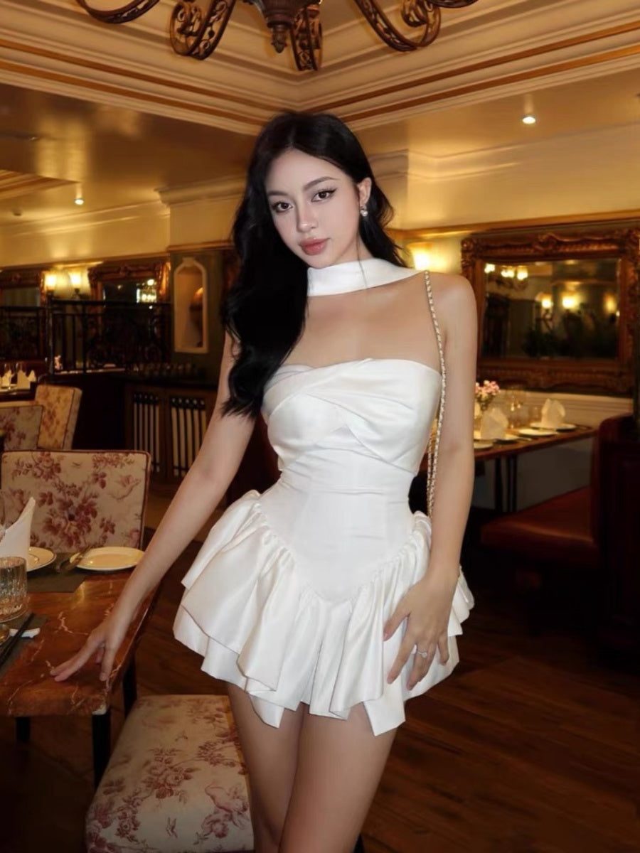 Jolie robe de soirée trapèze bustier en satin blanc, tenue de soirée pour 21e anniversaire, robe de remise de diplôme, robe de cocktail courte et mini, DH2480