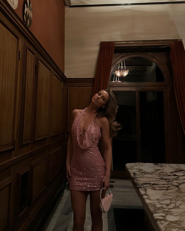 Robe fourreau modeste à col licou, moulante, rose, à paillettes, tenue de soirée, pour 18e anniversaire, robe de remise de diplôme, courte, mini, Hoco, DH2527