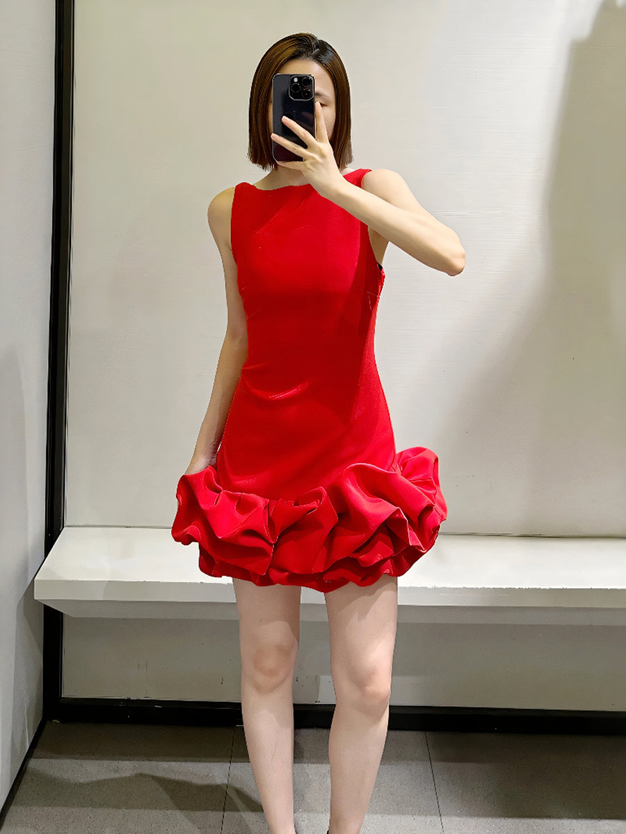 Robe fourreau sexy à col rond en satin rouge, courte, tenue de soirée, robe d'été Hoco, mini robe de cocktail DH2533