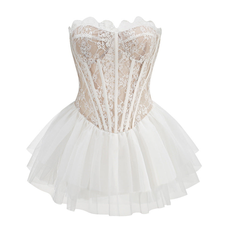 Robe de soirée sexy en dentelle blanche, coupe trapèze, sans bretelles, tenue de soirée, pour 18e anniversaire, robe de remise de diplôme, mini robe courte Hoco DH2551