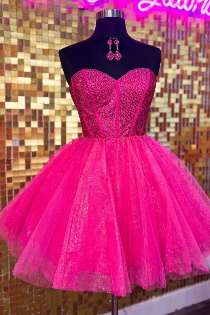 Robe de bal rétro en tulle rose vif, décolleté en cœur, robe de soirée formelle, robe de bal de fin d'année, robe courte courte Hoco DH2563