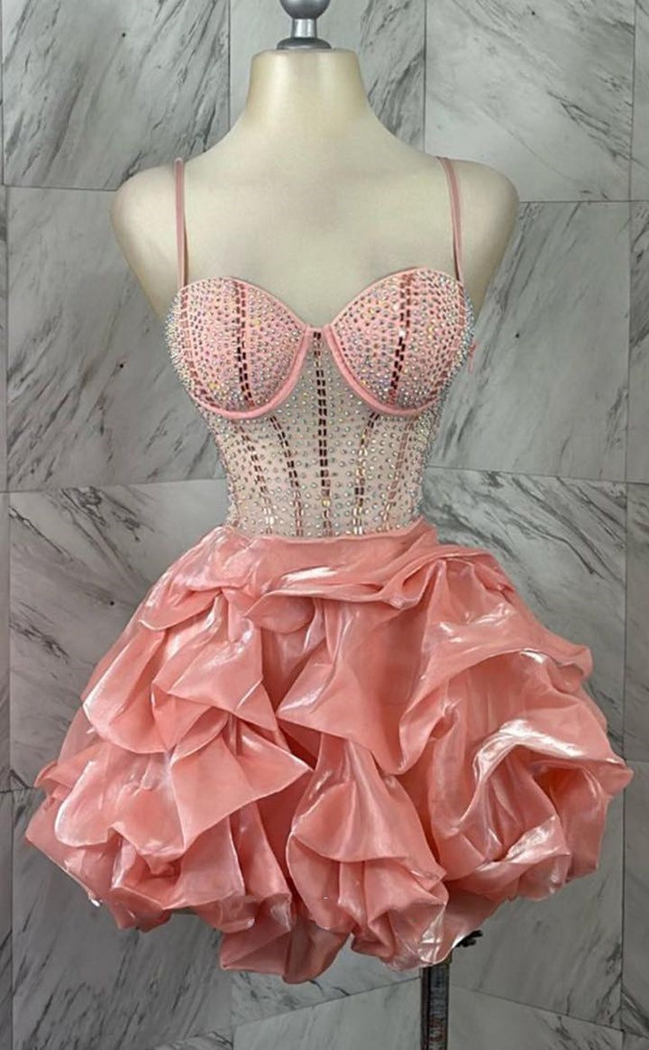 Robe de bal modeste à bretelles spaghetti en organza rose blush, robe de soirée de remise de diplôme, robe courte Hoco DH2578
