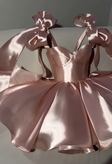 Pretty Ball Gown Spaghetti Straps Pink Satin Short Mini Formal 8th Grade Homecoming Dress Summer Middle School Hoco Dresses Birthday Outfits W1174