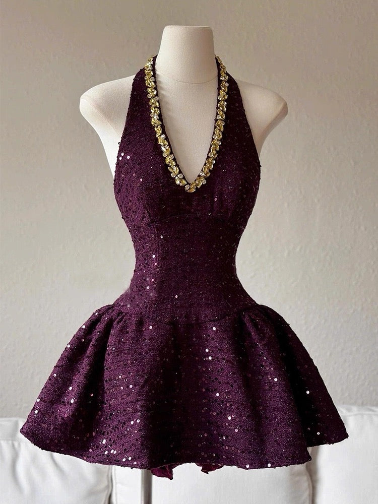 Cute Ball Gown Halter Grape Sequin Formal Homecoming Dresses 8th Grad Dance Graduation Dress Short Hoco Dresses DH2631
