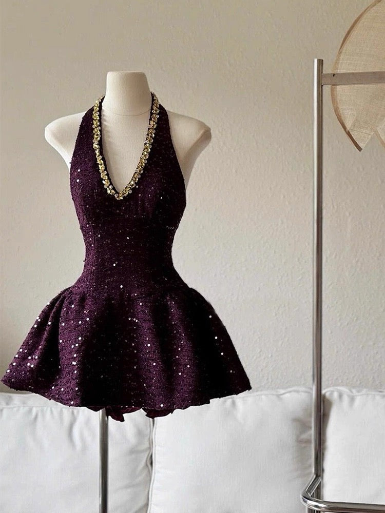 Cute Ball Gown Halter Grape Sequin Formal Homecoming Dresses 8th Grad Dance Graduation Dress Short Hoco Dresses DH2631