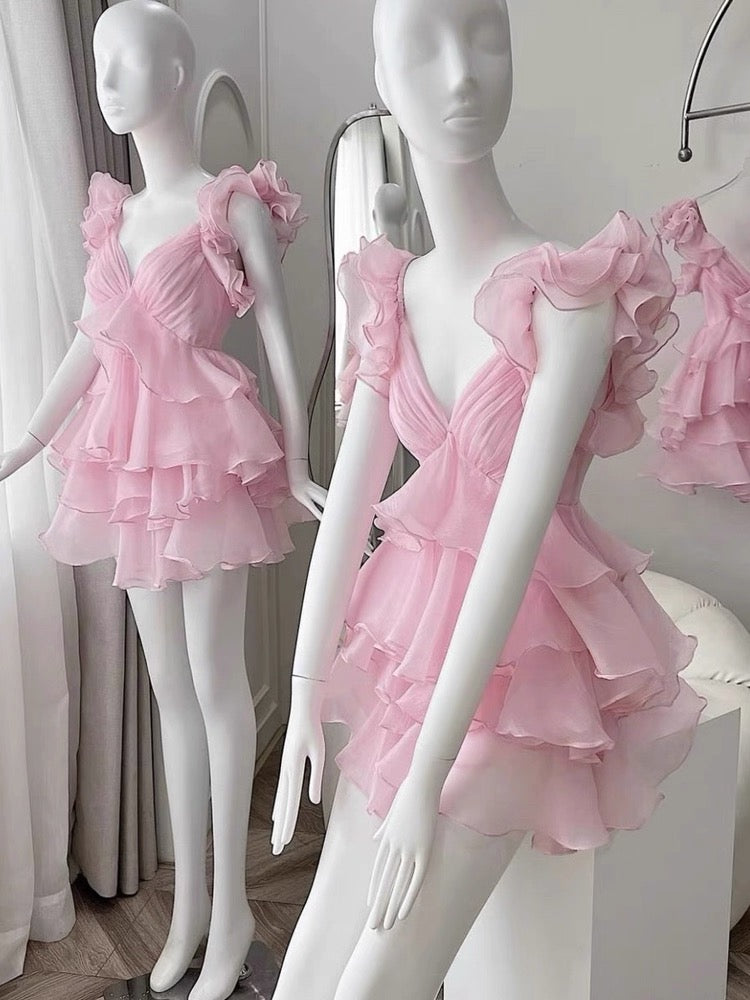 Cute A Line V Neck Chiffon Pink Short Mini Formal 8th Grade Homecoming Dresses Middle School Cocktail Dress Hoco Outfits DH2640