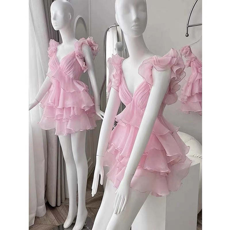 Cute A Line V Neck Chiffon Pink Short Mini Formal 8th Grade Homecoming Dresses Middle School Cocktail Dress Hoco Outfits DH2640