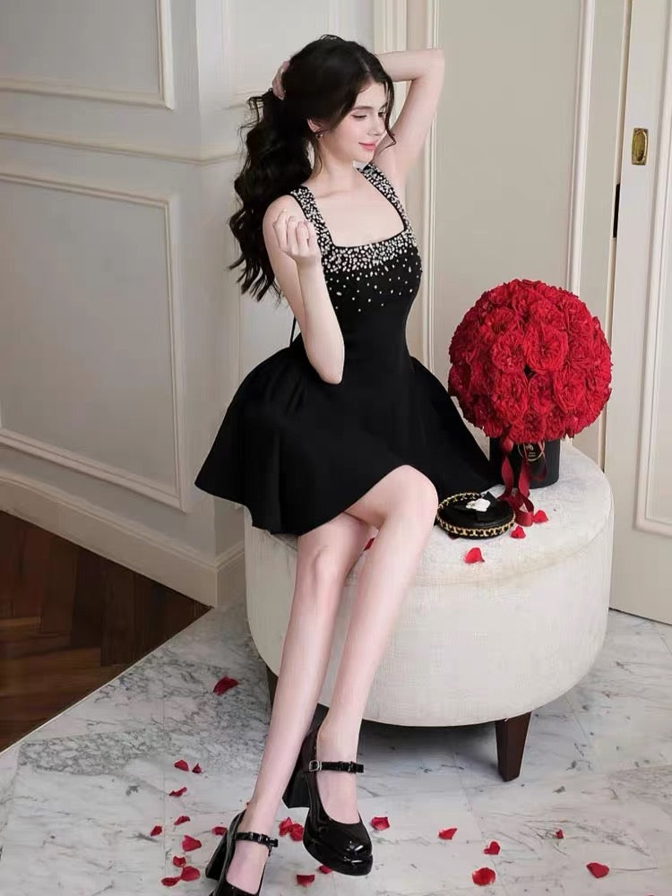 Cute Ball Gown Square Little Black Dress Short Mini Formal 8th Grade Homecoming Dresses Middle School Cocktail Dress Hoco Outfits DH2641