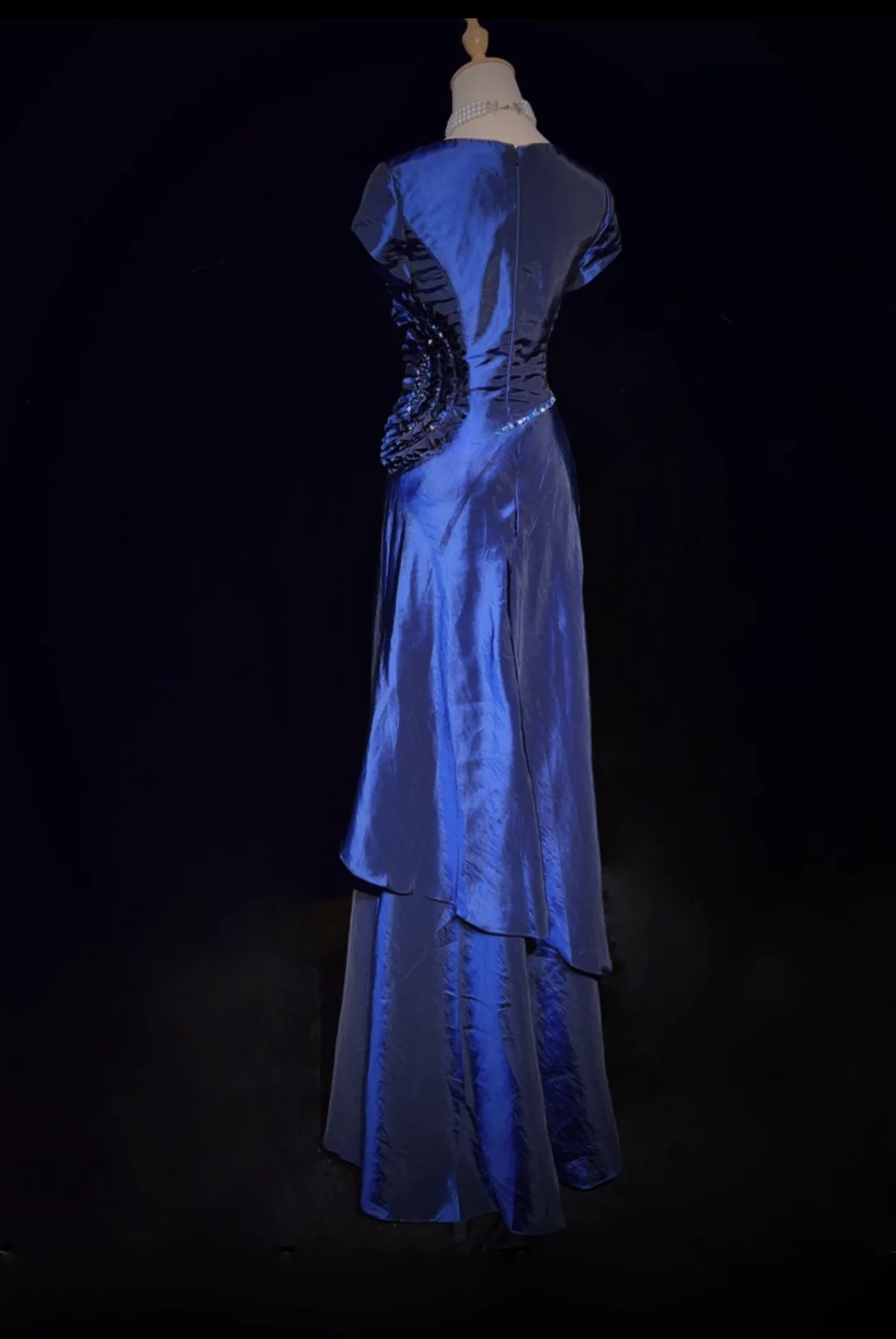 Robe de bal rétro trapèze, col en V, bleu marine, manches courtes, perles argentées, longues fleurs, tenue de soirée, tenue d'anniversaire, robe de remise de diplôme, DH2660
