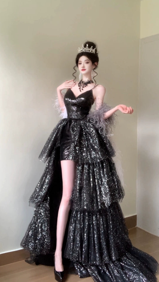 Sparkly Black Spaghetti Strap Sheath Tulle Short Train Evening Dress DH2707