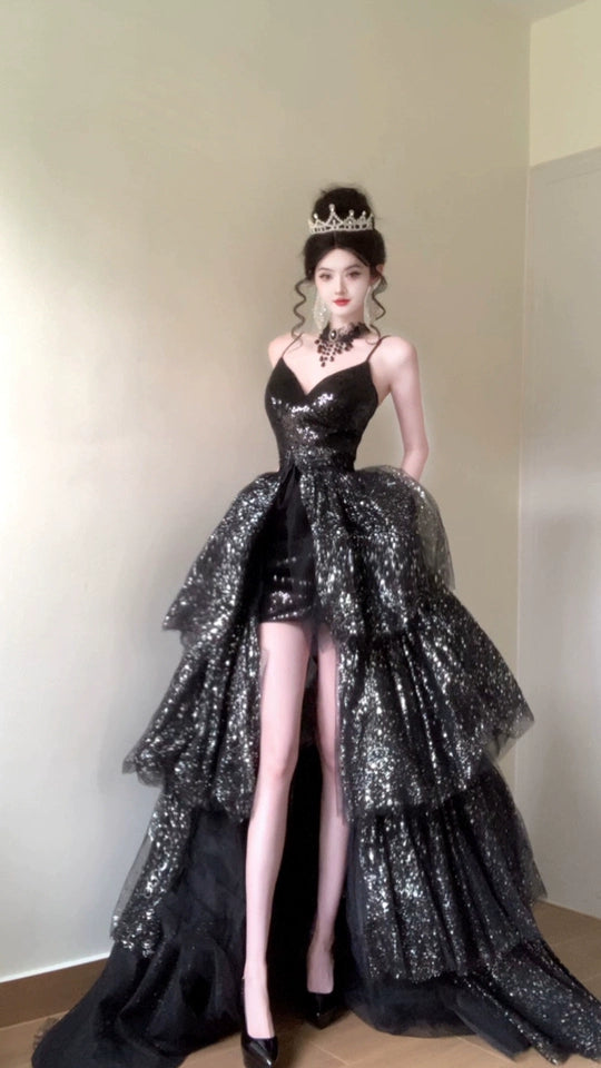 Sparkly Black Spaghetti Strap Sheath Tulle Short Train Evening Dress DH2707