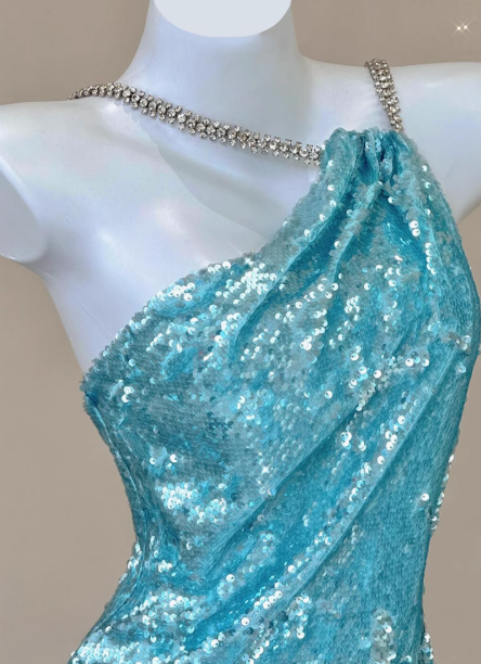 Sparkly Sequin Halter Blue Mermaid Evening Gowns Elegant Open Back Prom Dresses DH2710