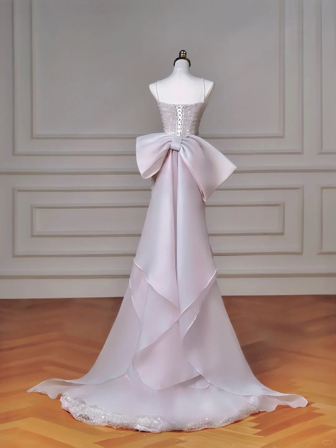 Modest Pink Spaghetti Strap Evening Dresses Mermaid Tulle with Bow Beading Long Prom Dresses Graduation Dresses DH02719