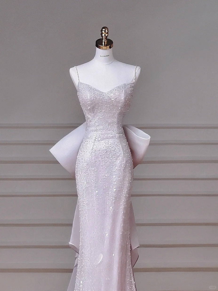 Modest Pink Spaghetti Strap Evening Dresses Mermaid Tulle with Bow Beading Long Prom Dresses Graduation Dresses DH02719