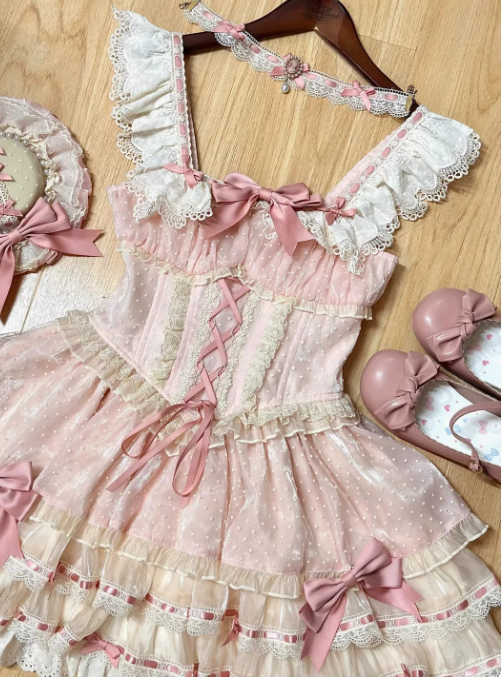Vintage Pink Ball Gown Spaghetti Straps Lace Tulle18th Birthday Dress Lolita Dress Short Lolita Outfits DH2728