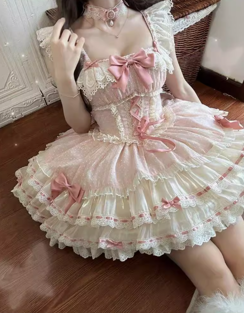 Vintage Pink Ball Gown Spaghetti Straps Lace Tulle18th Birthday Dress Lolita Dress Short Lolita Outfits DH2728