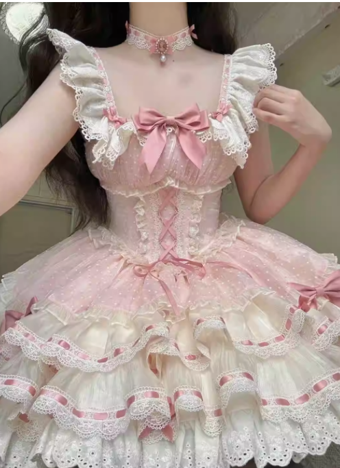 Vintage Pink Ball Gown Spaghetti Straps Lace Tulle18th Birthday Dress Lolita Dress Short Lolita Outfits DH2728
