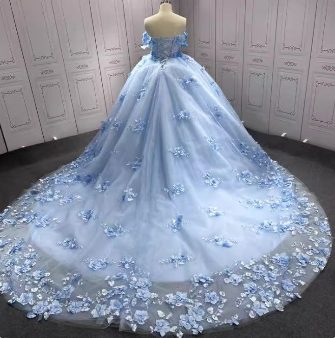 Gorgeous Sky Blue Off-the-shoulder Tulle Long Ball Gown with Flower Sweet 16 Birthday Dress Cute Quinceanera Dress DH2731