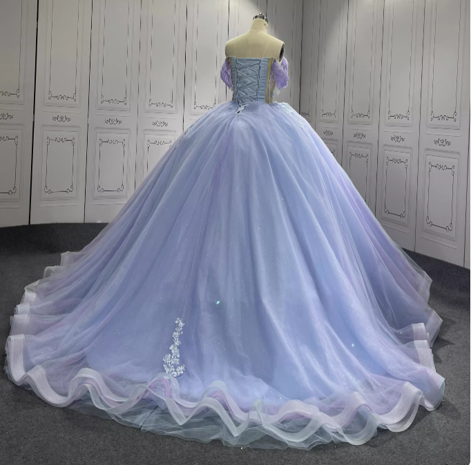 Gorgeous Purple Off-the-shoulder Tulle Long Ball Gown Appliques Sweet16th Birthday Dress Cute Quinceanera Dress DH2732
