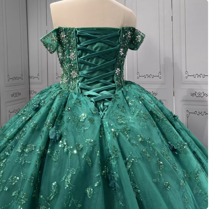 Gorgeous Dark Green Off-the-Shoulder Tulle Long Ball Gown Appliques Sweet 16th Birthday Dress Cute Beaded Sequin Quinceanera Dress DH2733