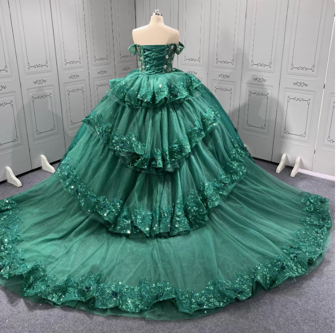 Gorgeous Dark Green Off-the-Shoulder Tulle Long Ball Gown Appliques Sweet 16th Birthday Dress Cute Beaded Sequin Quinceanera Dress DH2733