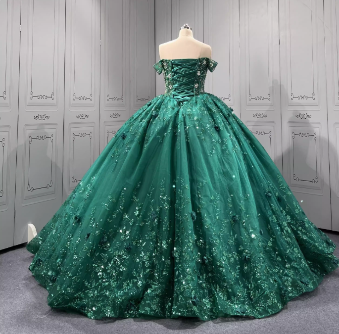 Gorgeous Dark Green Off-the-Shoulder Tulle Long Ball Gown Appliques Sweet 16th Birthday Dress Cute Beaded Sequin Quinceanera Dress DH2733