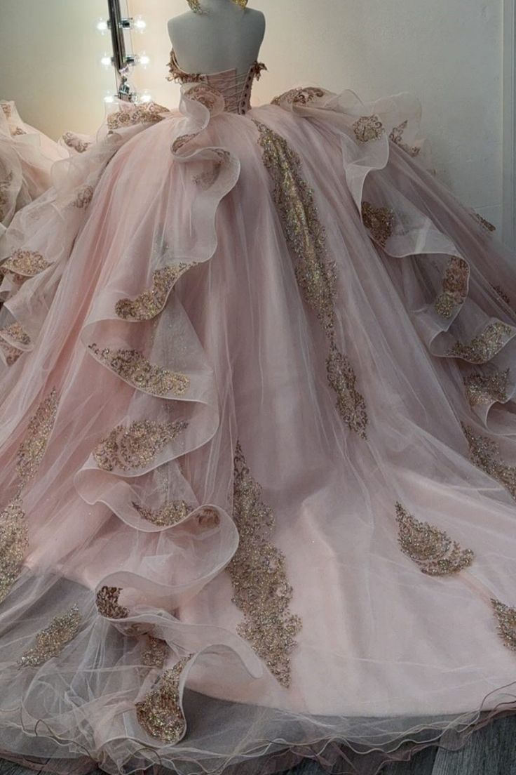 Gorgeous Pink Strapless Tulle Long Ball Gown Sweet Appliques Rhinestone Beadings 16th Birthday Dress Cute Quinceanera Dress DH2738