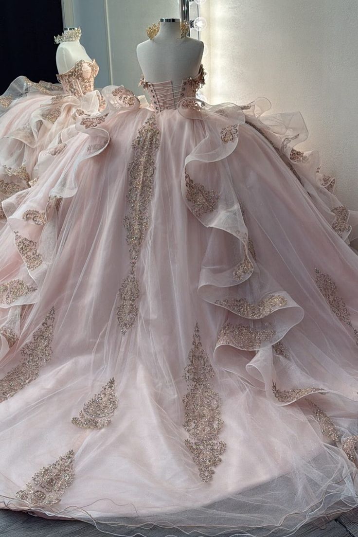 Gorgeous Pink Strapless Tulle Long Ball Gown Sweet Appliques Rhinestone Beadings 16th Birthday Dress Cute Quinceanera Dress DH2738