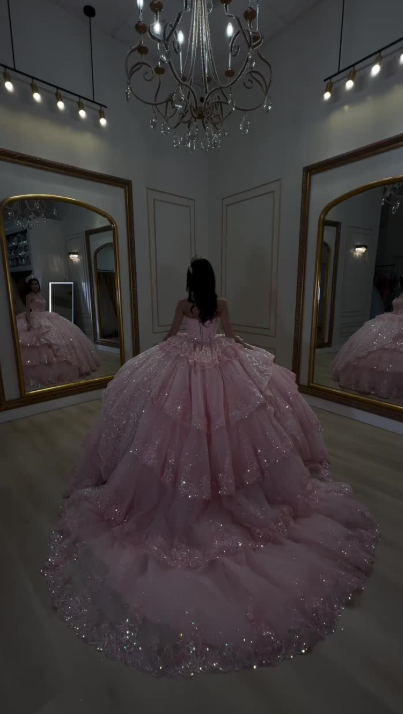 Gorgeous Pink Sweetheart Tulle Long Ball Gown Sweet Lace Applique 16th Birthday Dress Cute Beaded Quinceanera Dress DH2739