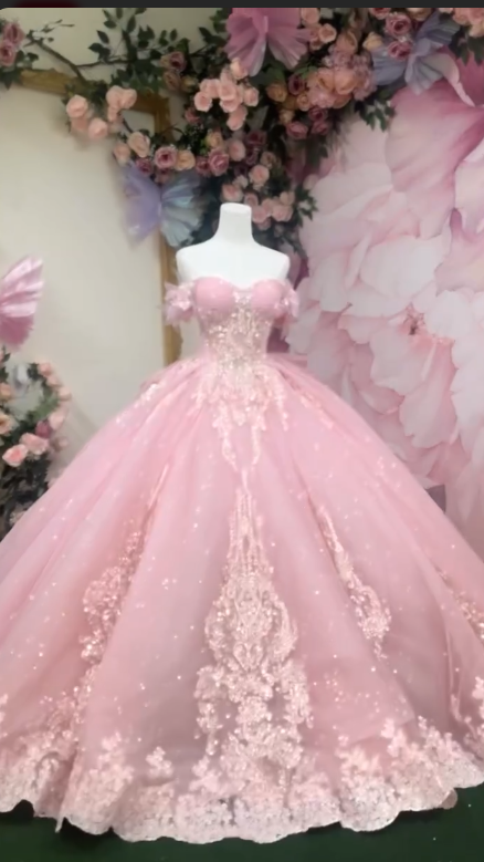 Gorgeous Pink Off-the-shoulder Tulle Long Ball Gown Sweet Applique Beaded 16th Birthday Dress Cute Quinceanera Dress DH2740