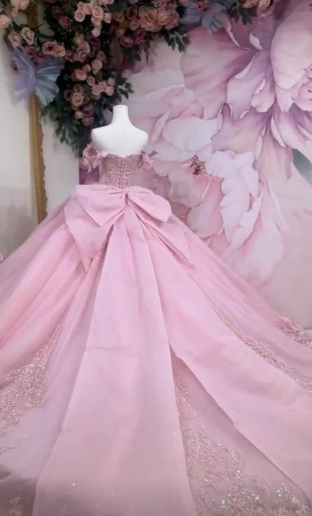 Gorgeous Pink Off-the-shoulder Tulle Long Ball Gown Sweet Applique Beaded 16th Birthday Dress Cute Quinceanera Dress DH2740