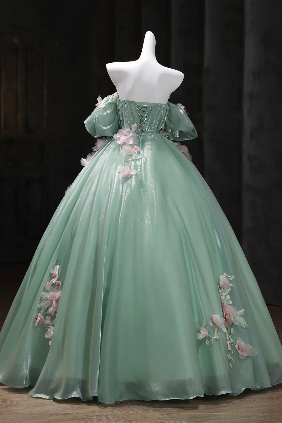 Gorgeous Green Off-the-Shoulder Tulle Long Ball Gown Sweet Flower 16th Birthday Dress Cute Quinceanera Dress DH2741