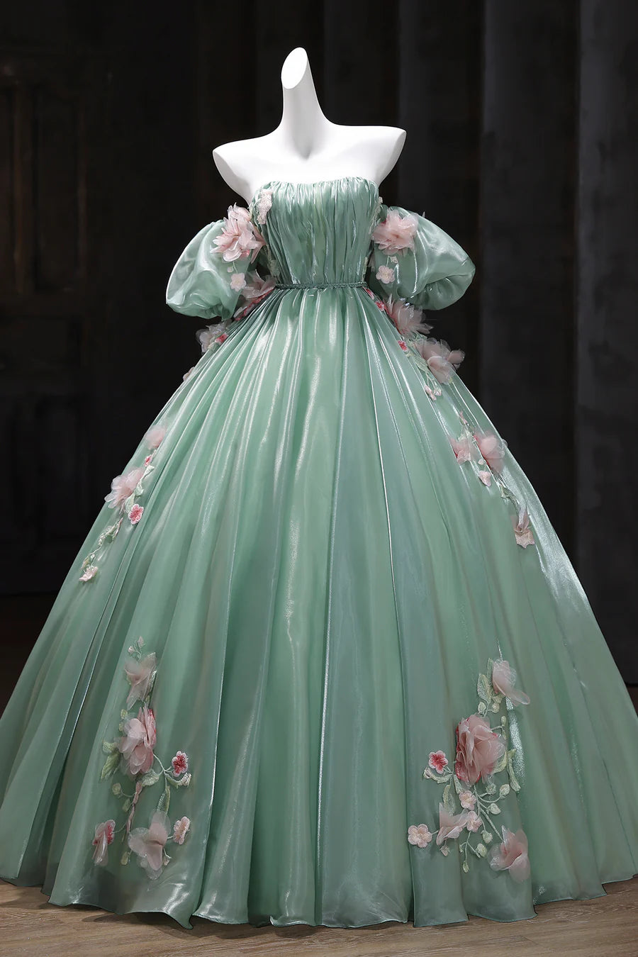 Gorgeous Green Off-the-Shoulder Tulle Long Ball Gown Sweet Flower 16th Birthday Dress Cute Quinceanera Dress DH2741