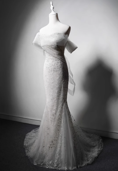 Elegant White Mermaid Evening Gowns Off-the-shoulder Tulle Long Prom Dress Modest Sleeveless Formal Dress DH2747