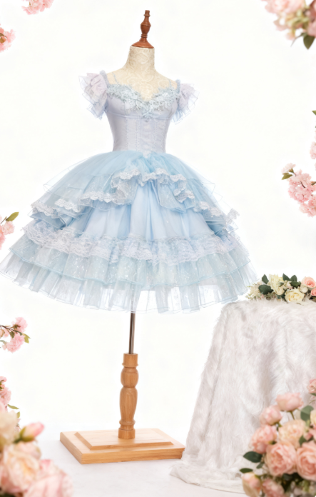 Cute Ball Gown Light Blue Tulle 8th Grade Dance Dresses Middle School Grad Outfits Homecoming Dresses Short Mini Hoco Dress DH288