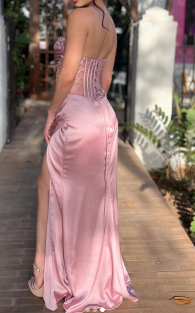 Elegant Sheath Sweetheart Pink Slit Satin Long Prom Dresses Party Dress Summer 20th Birthday Outfits 18th Birthday Dresses DH479