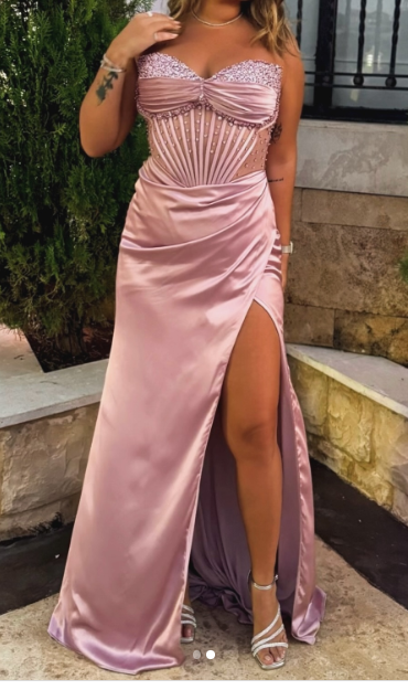 Elegant Sheath Sweetheart Pink Slit Satin Long Prom Dresses Party Dress Summer 20th Birthday Outfits 18th Birthday Dresses DH479