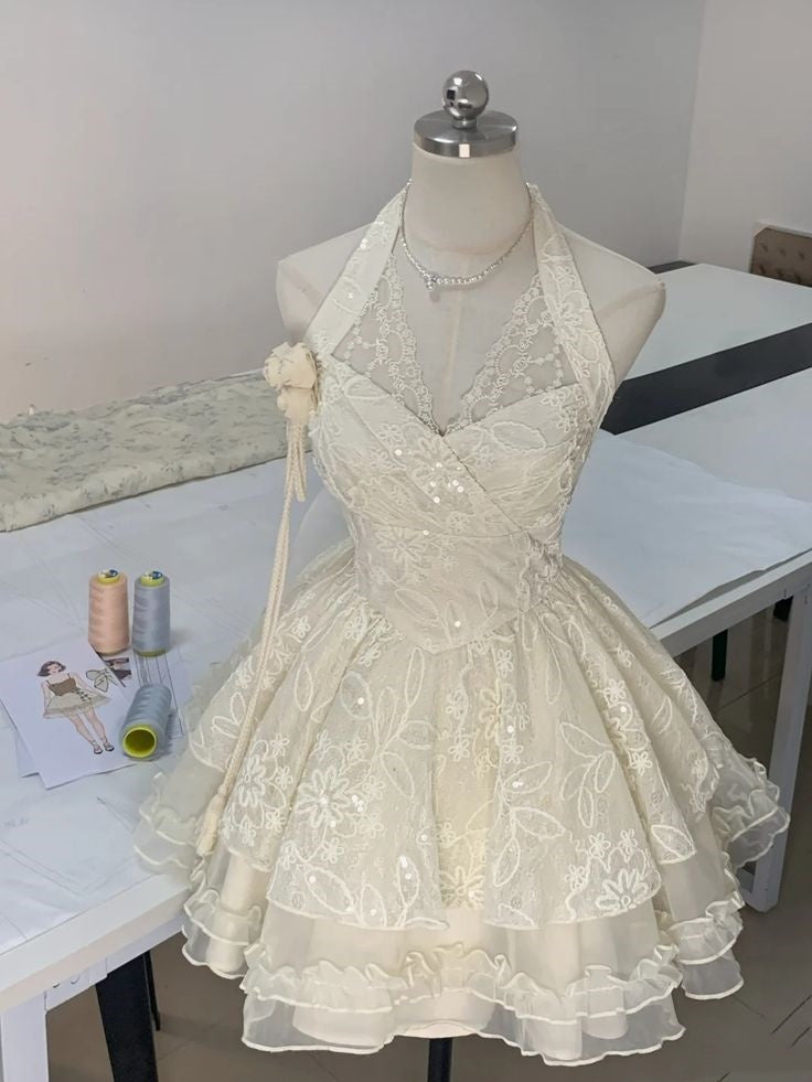 Pretty Ball Gown Halter Ivory Lace Short Mini Formal 8th Grade Homecoming Dresses Summer Middle School Hoco Dress Homecoming Outfits DH682