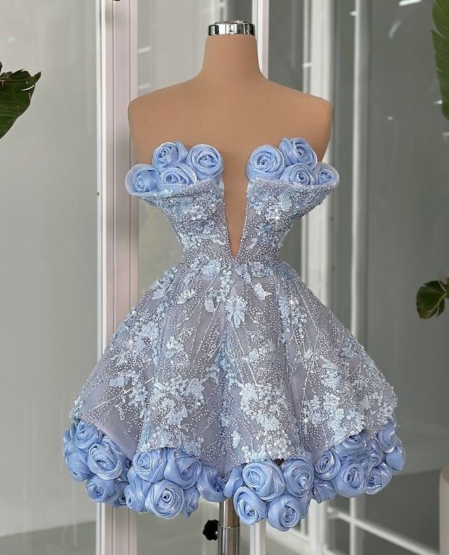 Fancy Short Hoco Dresses A line Strapless Sequin Mini Blue Formal 8th Grade Homecoming Dresses Summer Middle School Homecoming Outfits DH70