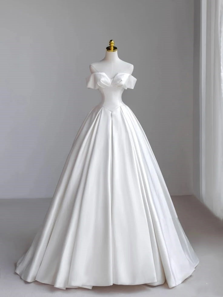Robe de mariée classique, robe de bal, épaules dénudées, manches courtes, satin blanc, robes de mariée minimalistes DH742