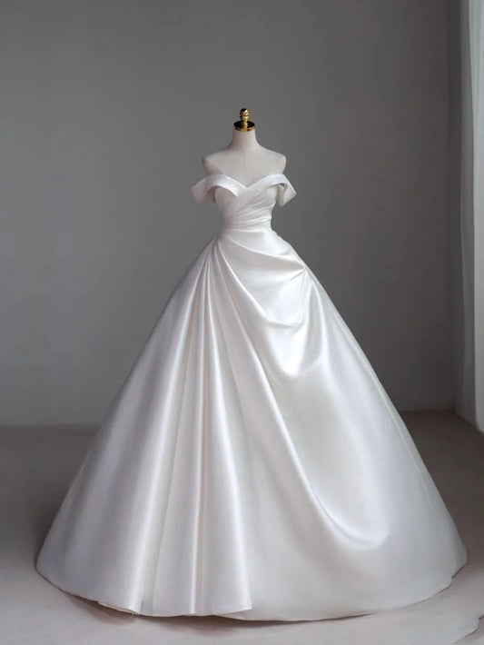 Robe de mariée classique, robe de bal, épaules dénudées, manches courtes, satin blanc, robes de mariée minimalistes DH743