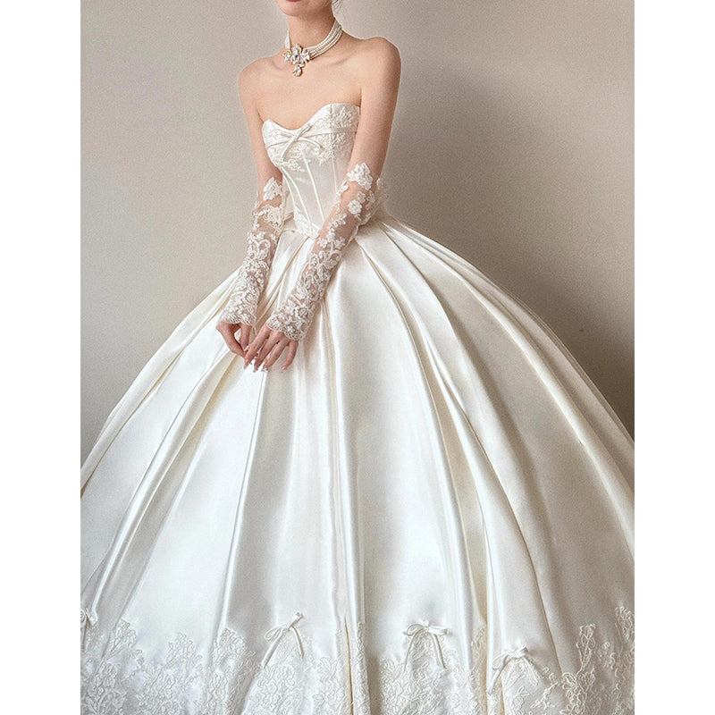 Classy Elegant Wedding Dress Ball Gown Strapless Satin Lace Long Wedding Dresses Bridal Gowns DH748