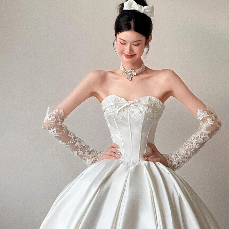 Classy Elegant Wedding Dress Ball Gown Strapless Satin Lace Long Wedding Dresses Bridal Gowns DH748