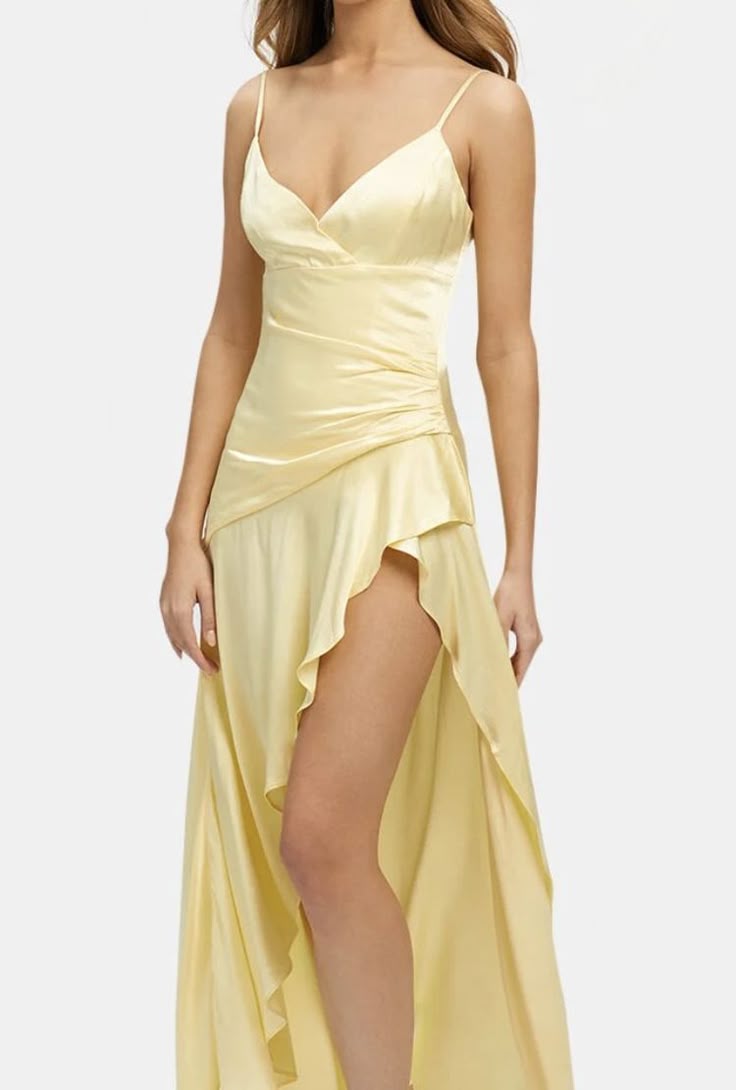 Elegant High Low Spaghetti Straps Yellow Satin Long Prom Dresses Party Dress Summer 20th Birthday Outfits 18th Birthday Dresses DH765